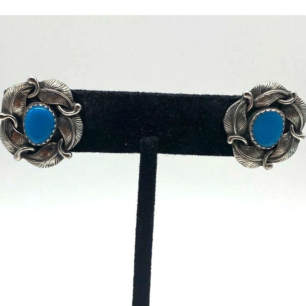 Vintage Old Navajo Sterling Turquoise pierced earrings signed AY